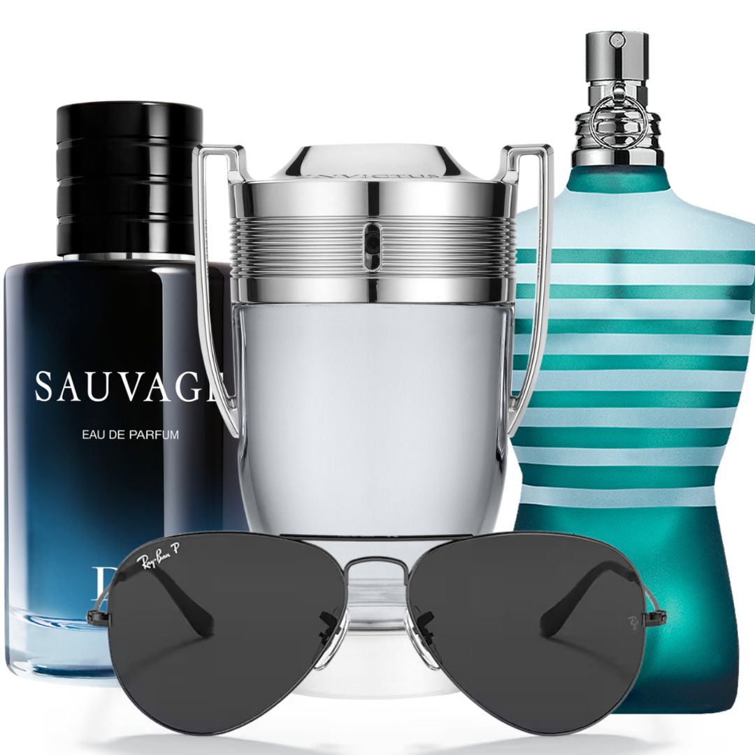 Promo: 3 perfumes Dior Sauvage 100 ML + Rabanne Invictus 100 ML + Le Male JPG 75 ML + Gafas Ray Ban